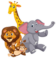 Different types of wild animals on white background