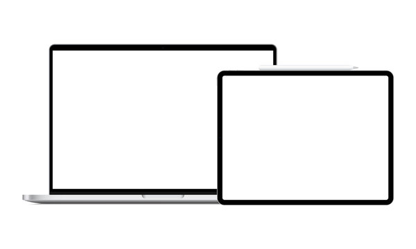 Laptop computer and horizontal tablet with stylus mockup, front view. Vector illustration