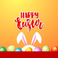 Trendy poster with colorful eggs. Hand drawn calligraphy happy Easter. Decorated yellow, red, blue, green and purple eggs background. Bunny white rabbit ears