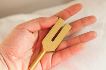 Hand holding a tuning fork .