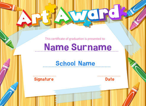 Certificate template for art award with crayons in background