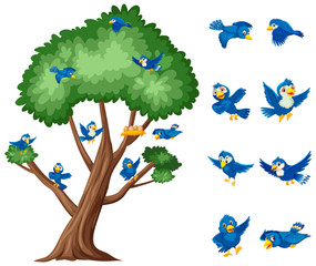 Big tree and blue birds flying on white background