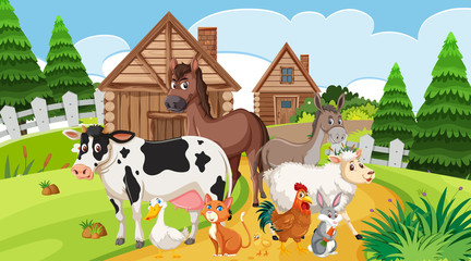 Scene with many farm animals in the farmyard