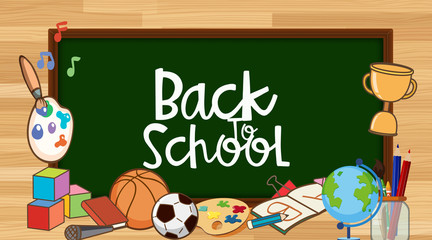 Back to school sign with many school items