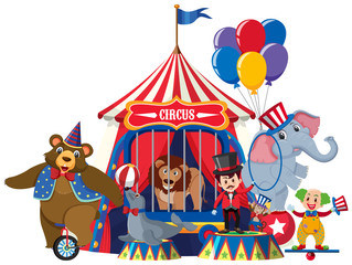 Ring master and circus animals on white background
