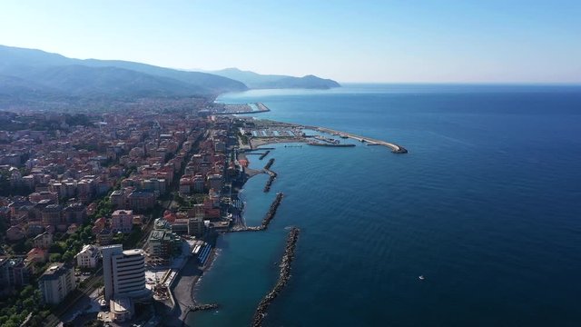 Aerial view, resort town of Chiavari, Italy. Clear blue water, Italy beach