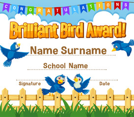 Certificate template for brilliant award with birds in background