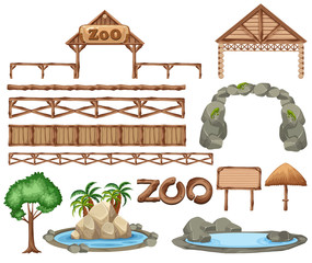 Set of zoo elements on white background