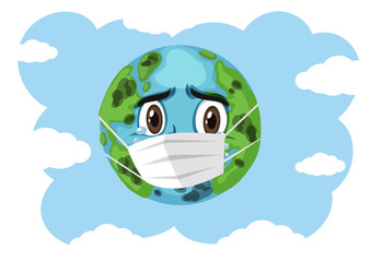 Crying earth wearing mask on blue sky background