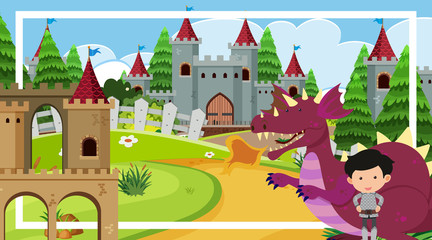 Scene with great knight and dragon at the castle towers