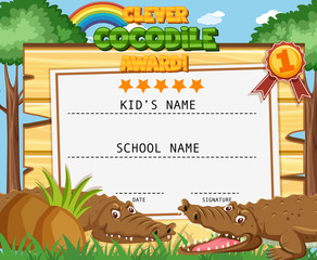 Certificate template for clever award with crocodiles in background