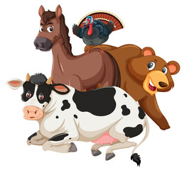 Different types of wild animals on white background