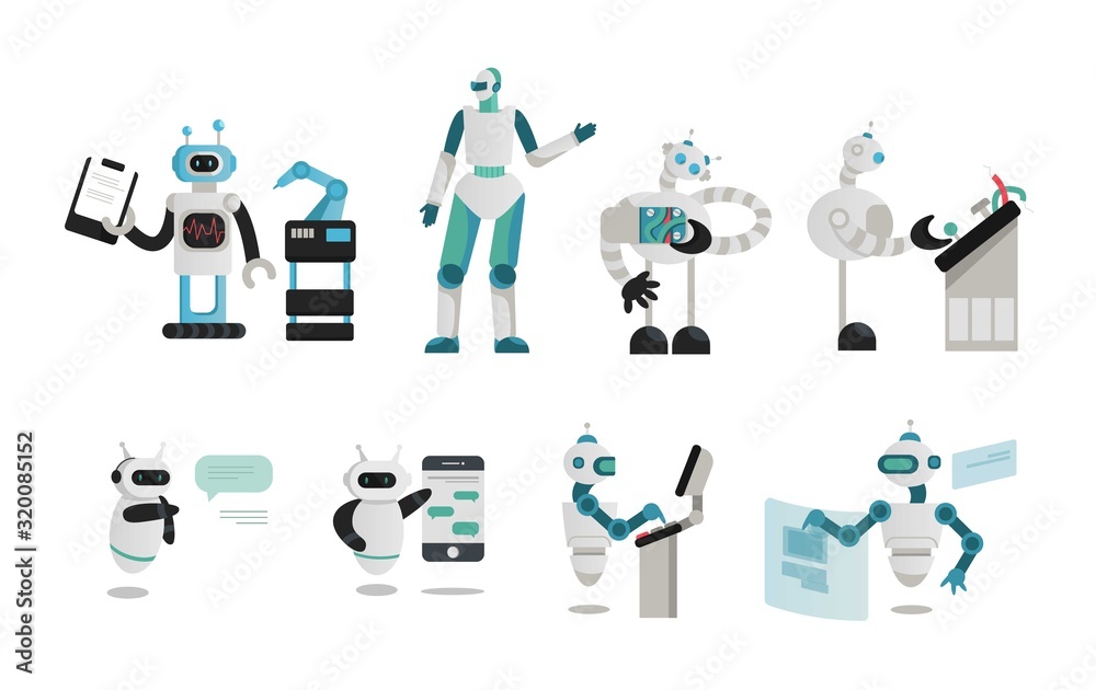 Poster set of different robots that perform their tasks. modern robots helpers. isolated robots and new tec