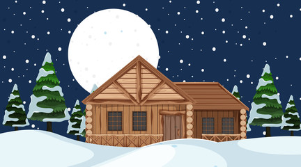 Scene with wooden house in the snow field