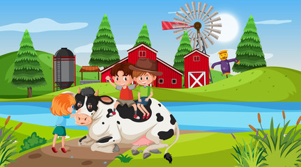 Farm scene with children and cow