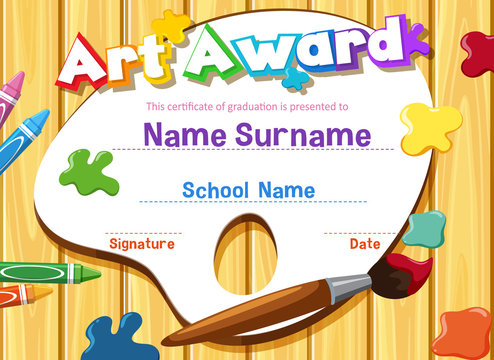 Certificate template for art award with paintbrush and paints in background