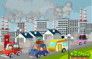 Scene with cars and factory buildings making dirty smoke in the city