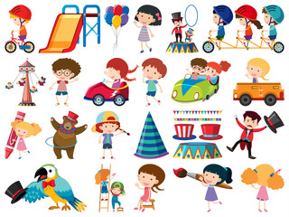 Large set of isolated objects of kids and circus