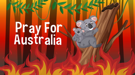 Pray for Australia poster design with wildfire in the forest