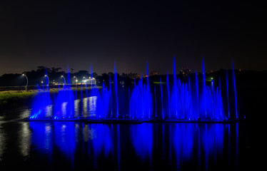 Night show of color fountains. Beautiful fountain show. Dancing fountain at Lantan Scenic Area in...