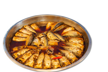 Thai food Mackerel meat or fish boiled with salt and sweet sauce, sold in the market Thailand.Isolated on white background.