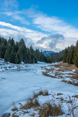 Vertical landscape, frozen river on a cold winter day in the Carpathian mountains, Romania , dark sky with white clouds.