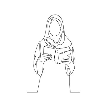 Continuous Line Drawing Of Muslim Women In Hijab Read Quran. Vector Illustration.