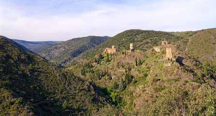 Fototapeta na wymiar Lastours castle panorama in the Occitanie region