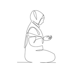 Continuous line drawing of muslim women pray and raise hand in hijab. Vector illustration.