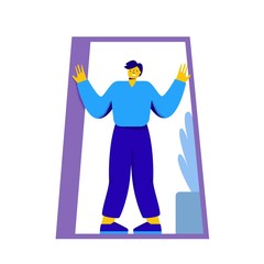 A man is afraid of confined spaces or claustrophobia. Caricature man in a cramped room is afraid.