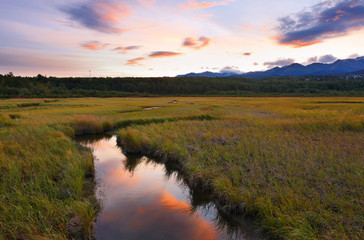 Beautiful sunrise at Potter Marsh Wildlife Viewing Boardwalk, Anchorage, Alaska. Potter Marsh is located at the southern end of the Anchorage Coastal Wildlife Refuge.