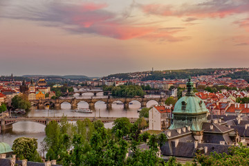 Fototapeta na wymiar Prague river Vltava bridges landscape view, Czechia (Czech Republic).