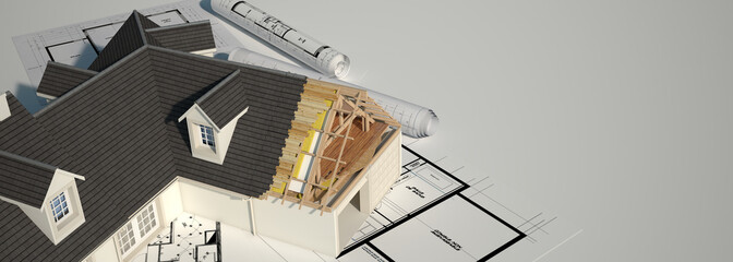 Unfinished house on top of blueprints © FrankBoston