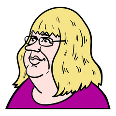 face of an older blond woman with glasses and double chin. friendly, emotion, avatar, red t-shirt, diagonally from the side.
