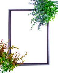 Decorative composition, black photo frame on a white background, branches with leaves. Flat lay, top view, copy space.