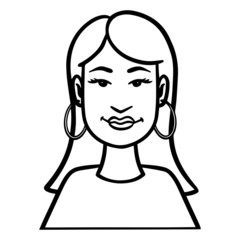 Monochrome vector illustration of a woman with long straight hair and big earrings. avatar, comic, friendly, smiling.