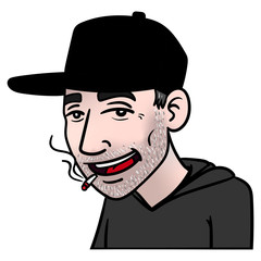 Smoking man with three beards and black cap and gray hoodie. avatar, vector illustration, comic.