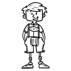 monochrome comic drawing of a bavarian german boy with traditional lederhosen.