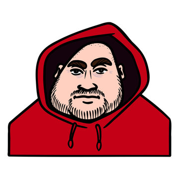 recommend clip art: fat man with bald head and three-day beard, wearing a red hoodie. avatar, cool look, hip hop, gangster, vector.