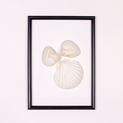 Decorative composition, black photo frame on a white background with sea shells. Flat lay, top view, copy space.