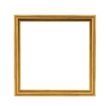 Golden picture square frame on a white background. Vintage beautiful frame for photos, paintings.