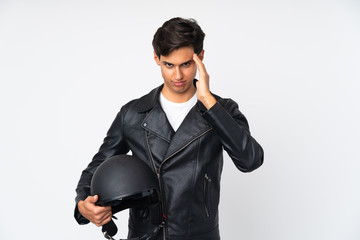 Man holding a motorcycle helmet over isolated white background unhappy and frustrated with something. Negative facial expression