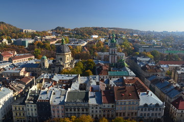 Fototapeta na wymiar aerial view of old european autumn town