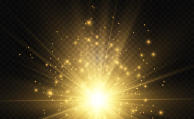 Fototapeta premium Golden bright star. Light effect bright star. Beautiful light to illustrate. Christmas star White sparks sparkle with a special light. Vector sparkles on transparent background.