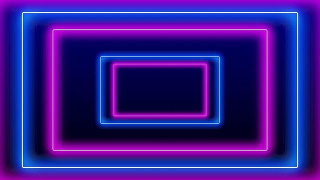 Loop of square rectangle neon light frame zoom motion with copy space. Futuristic 3D loop blue pink laser light frame stage seamless loop background