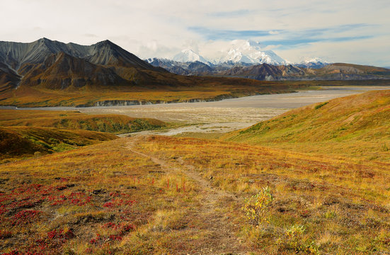 The Denali Mount Peak covered by snow at early morning at Denali National Park. The peak s 20,310-ft.-high Denali (fka Mount McKinley), North America&rsquo;s tallest peak. Photo shows tundra in foreground