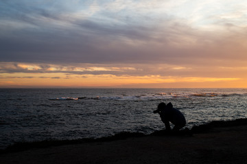 silhouette of photographer boy making photos at a beautiful sunset on a beach of the Costa Brava in Catalonia