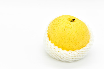 Yellow Chinese Pear in Foam Sleeve Isolated on White Background
