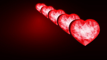 Illustration of Polygonal Hearts on dark red background. Valentine's Day Background.