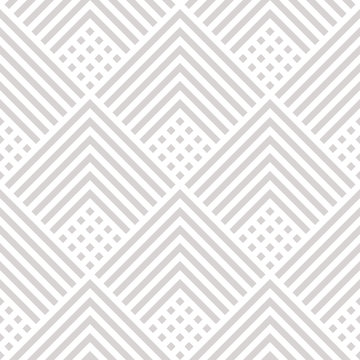 Vector geometric lines seamless pattern. Modern monochrome texture with squares, rhombuses, stripes, chevron, zigzag. Simple abstract geometry. Minimal gray and white background. Subtle repeat design